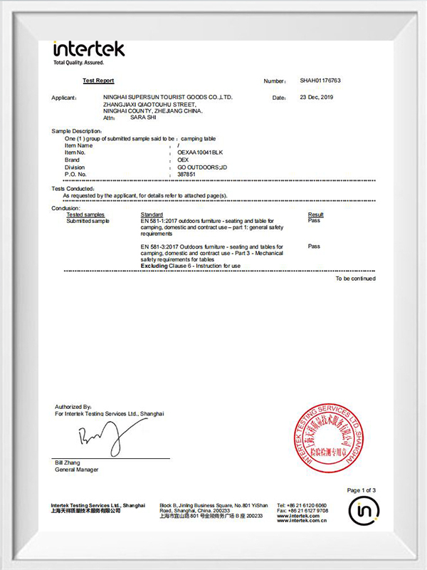 Folding Table Test Certificate